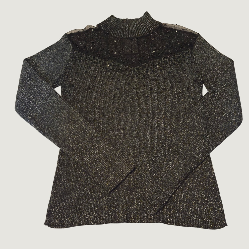 Lauren Michelle Metallic Knit Mock Neck Sequin Mesh Yoke Sweater Black Silver M